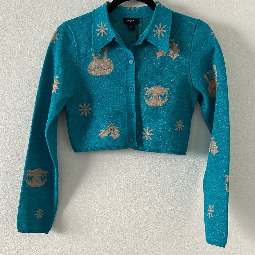 Nasty Gal Teal crop Cardigan with Beige Accents